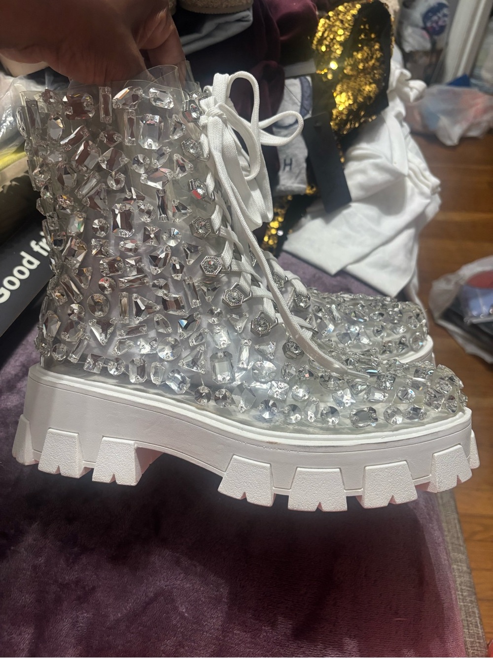 Crystal Embellished Clear Lace-Up Women's Boots - White - Picture 3 of 6